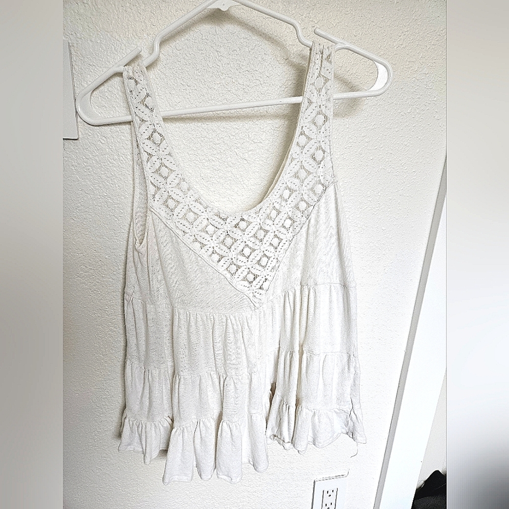 Free People Linen + Cotton White Alabaster Lace Ruffle Hem Tank - Size Small